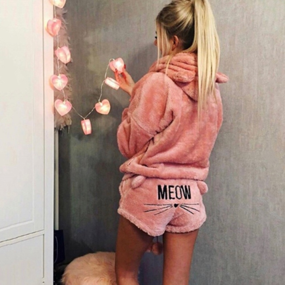 Meow Velour Hoodie and Short Set